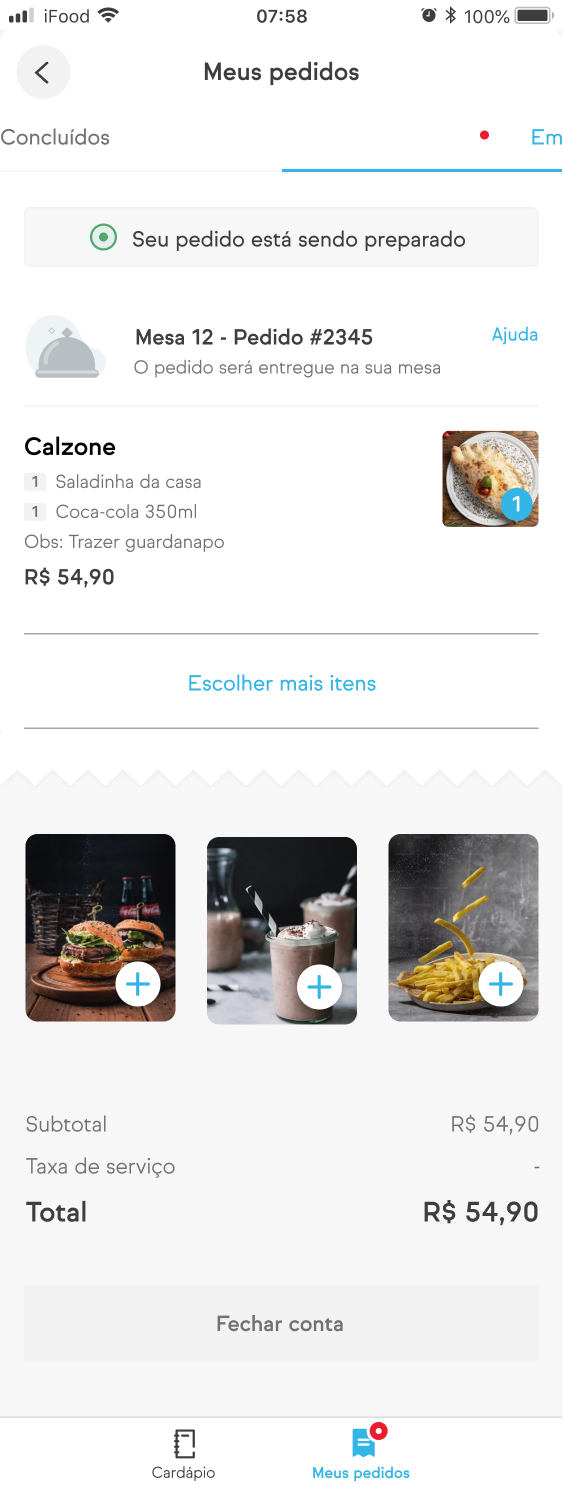 iFood dine-in order screen with table status, an open tab, additional-item recommendations, and the option to close the bill