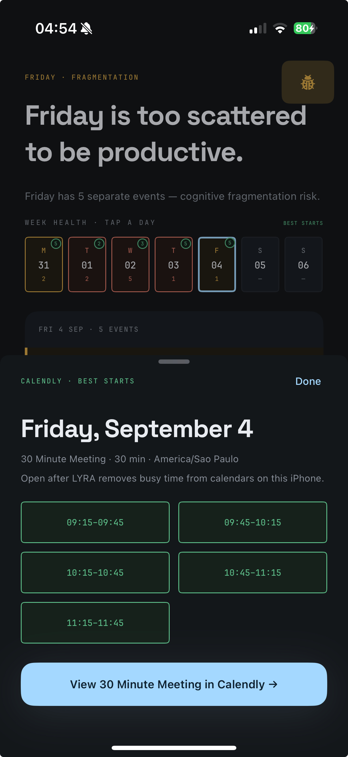 Lyra native iOS scheduling iteration with Calendly availability controls
