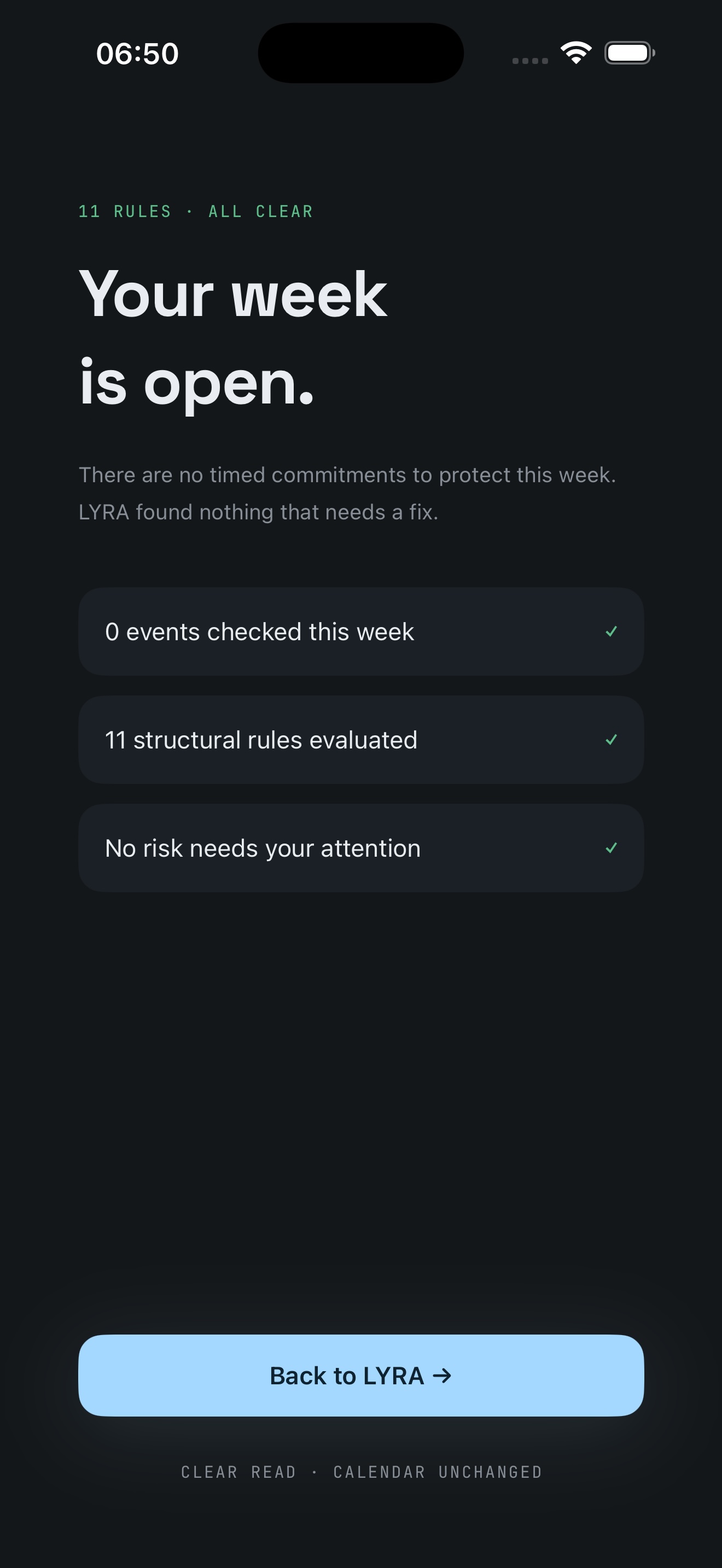 Lyra clear-week state explaining the calendar checks