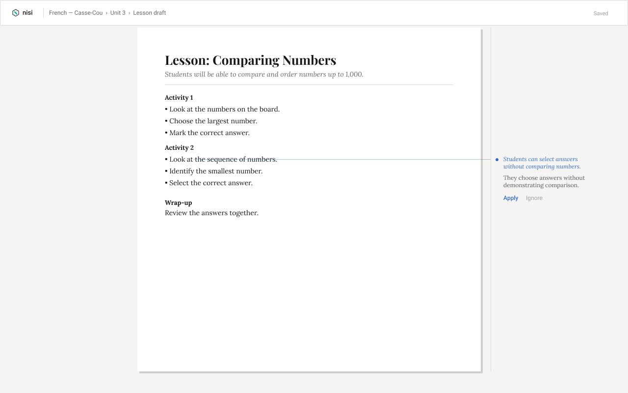 Nisi authoring concept with contextual guidance beside lesson text