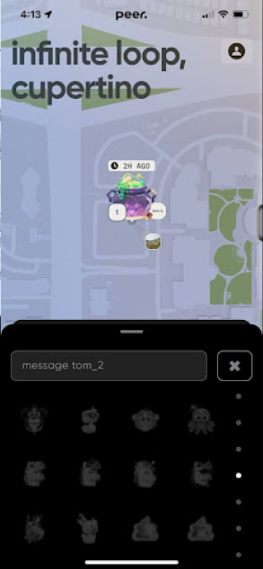Peer map at Infinite Loop, Cupertino, with a message field and available emotes.