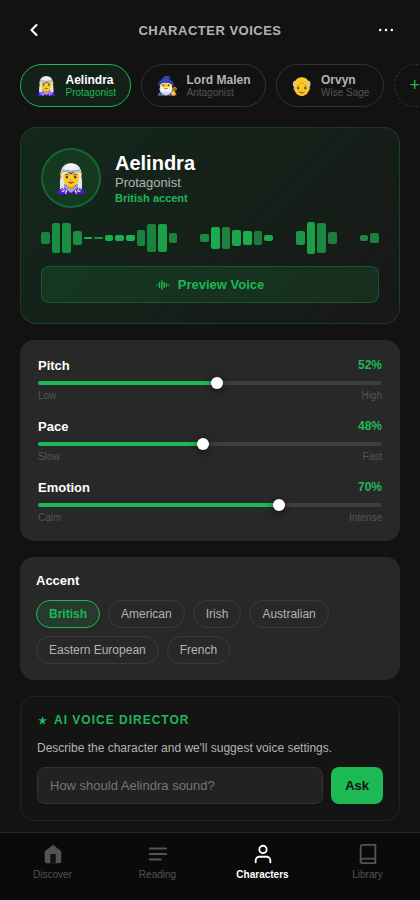 Spotify audiobook prototype showing voices assigned to characters