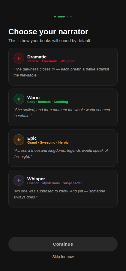 Spotify audiobook prototype showing narrator selection