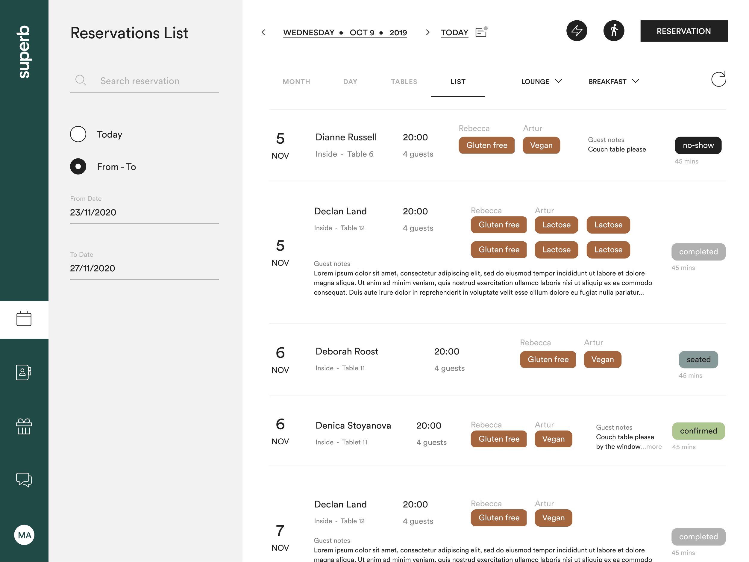 Superb reservation list showing guest names, seating times, preferences, notes and booking status