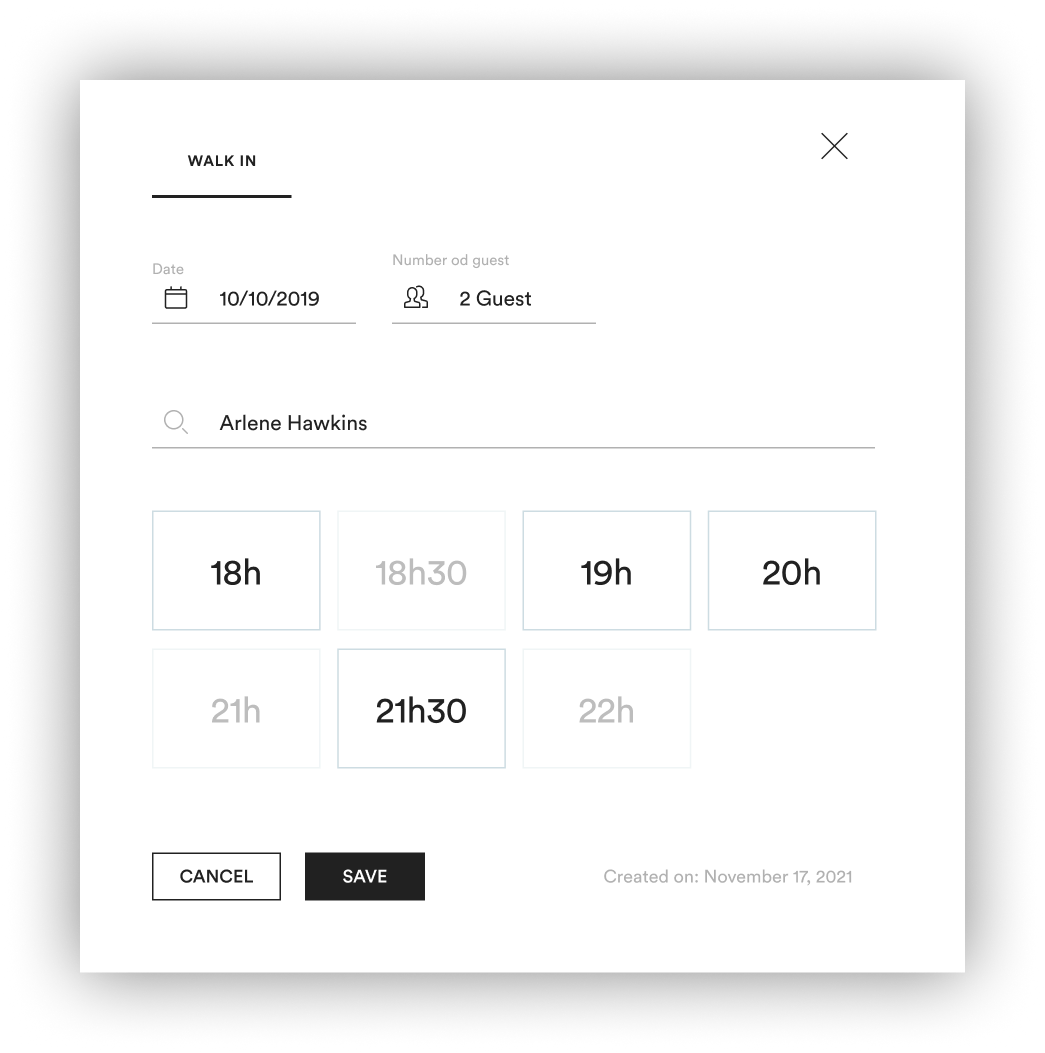 Superb walk-in booking interface with date, guest count, returning guest search and time slots