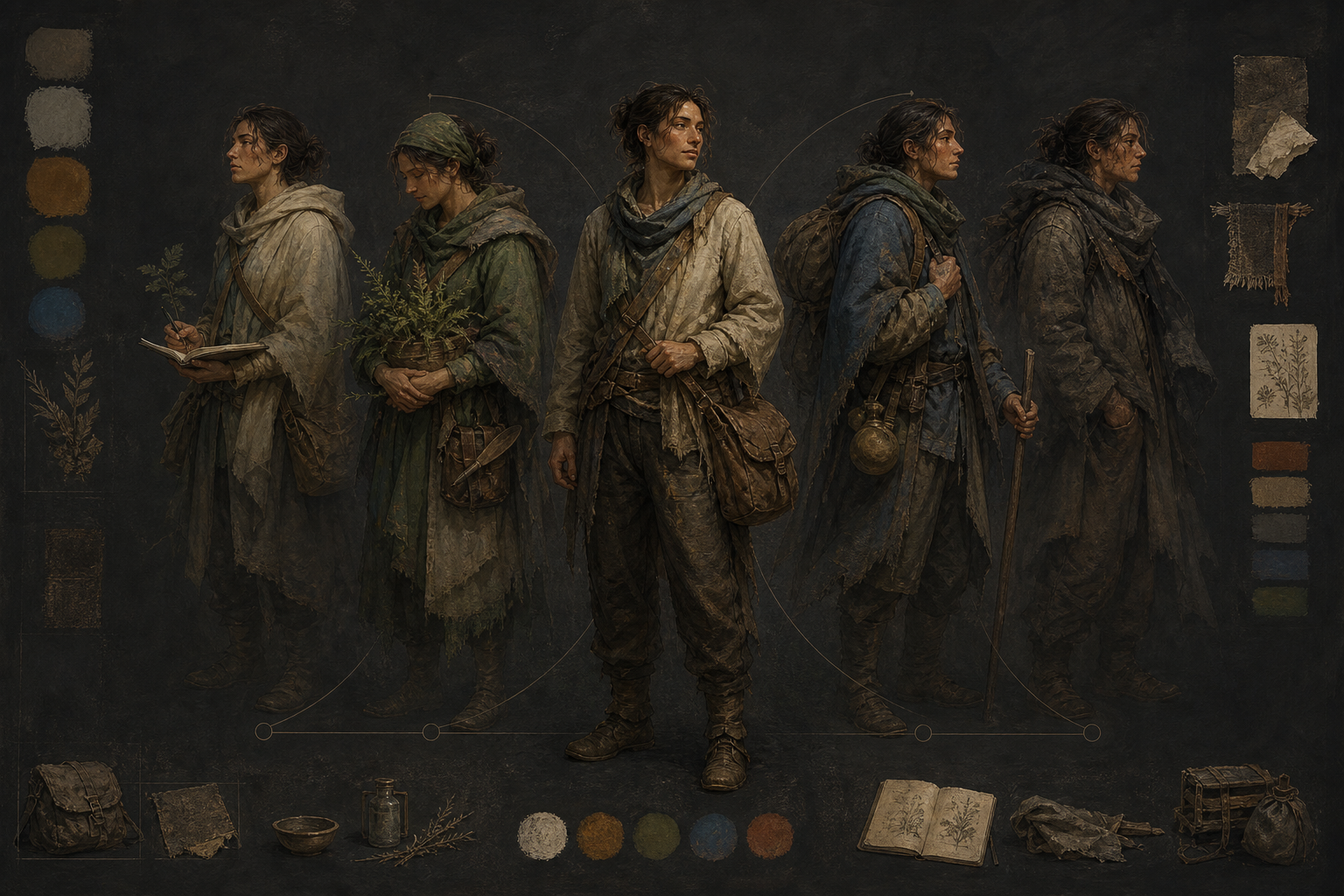 Character study showing five versions of one traveler, surrounded by fabric samples, earth-toned palettes, journals, herbs, and worn equipment.