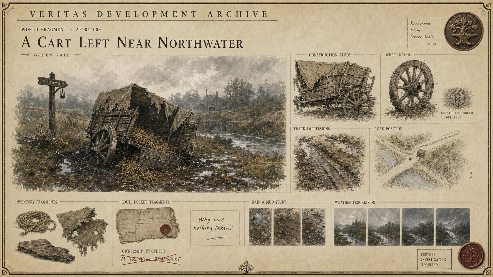 Parchment archive board of a damaged covered cart beside the Northwater road, with wheel sketches, muddy tracks, inventory fragments, and rain studies.