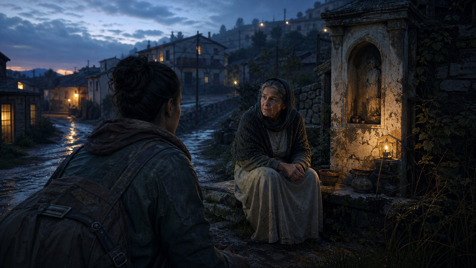 A traveler faces an older woman seated beside a lantern-lit stone shrine on a wet village road at dusk.